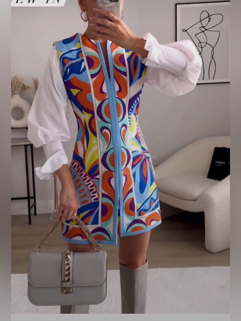 ZARA Retro Print Multicolor Split Neckline Sleeveless front Slit Mini Dress Sz L